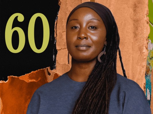 A woman with braids wearing a gray shirt against a textured orange, green and black textured background with the number 60 prominently displayed.
