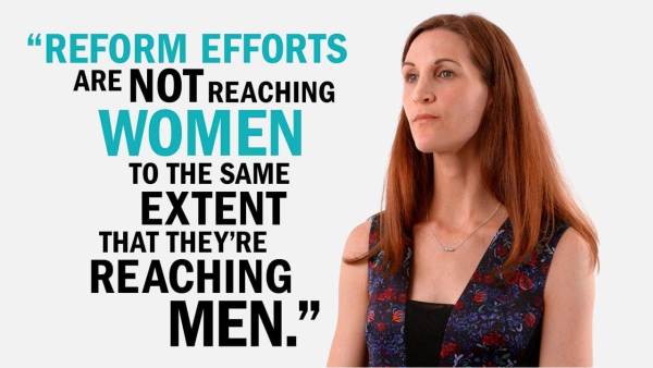Elizabeth Swavola has long brown hair and is wearing a black dress with a blue and red-flowered pattern. Next to her is copy that reads, "Reform efforts are not reaching women to the same extent that they're reaching men."