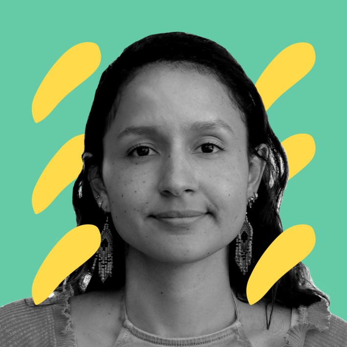 B&W Picture of Bertha Zúniga against a green and yellow graphic background.