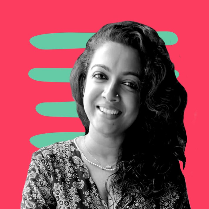 B&W Picture of Priya Thuvassery against a watermelon and mint green graphic background.