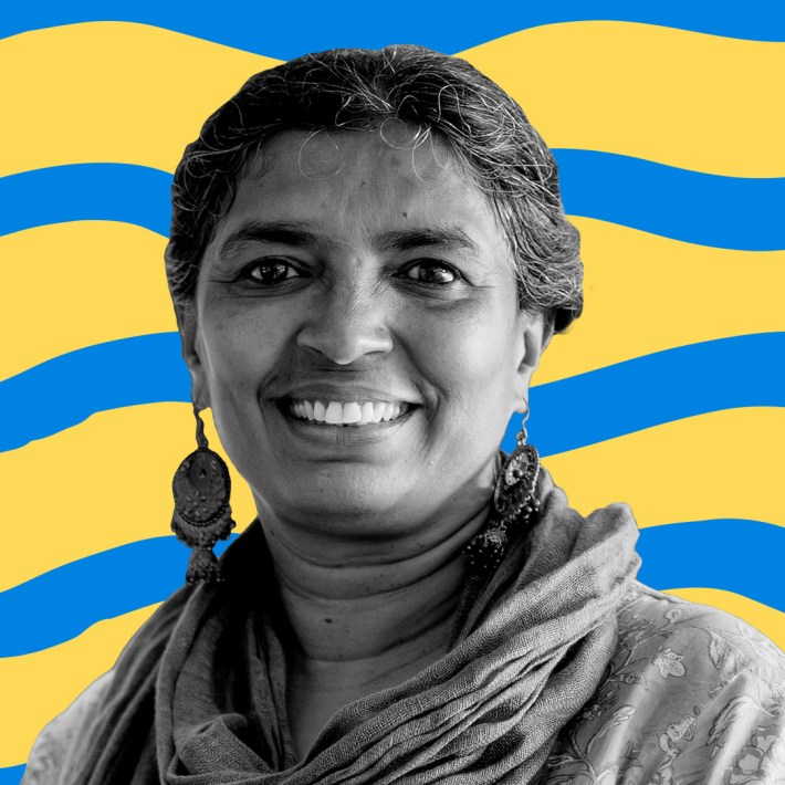 B&W Picture of Sandhya Gupta against a yellow and blue graphic background.